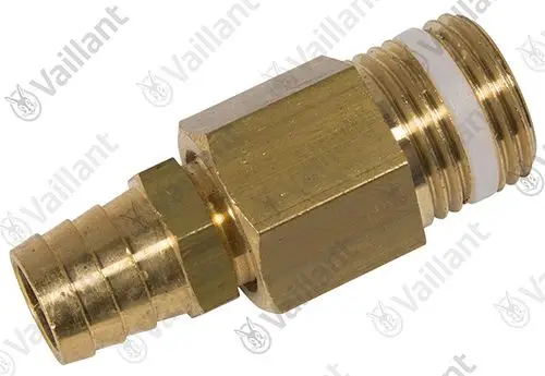 Vaillant Entleerungsventil aus Messing mit gewindeartigem Anschluss und Schlauchverbindung auf einer neutralen Oberfläche.